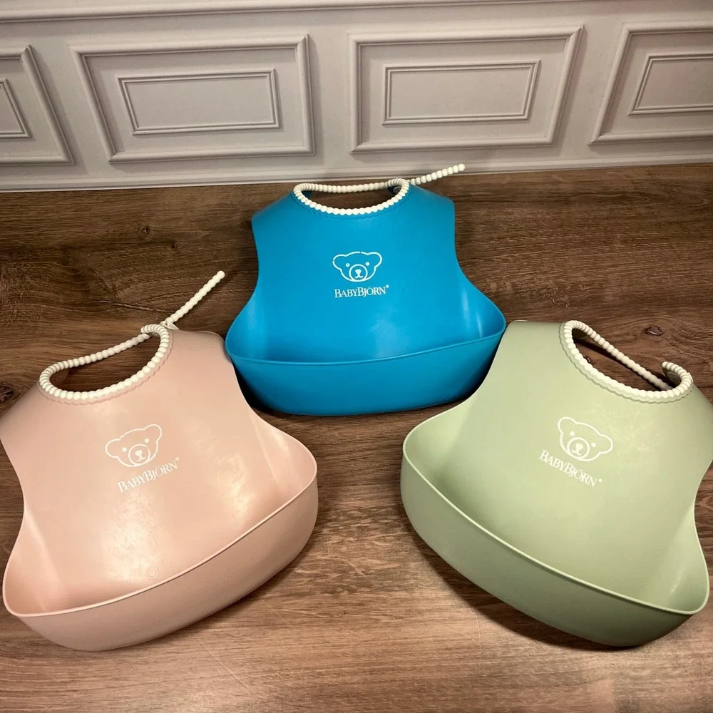 BabyBjorn Silicone Bibs Blue Pink Green 3-Pack Deep Pocket Adjustable BPA Free